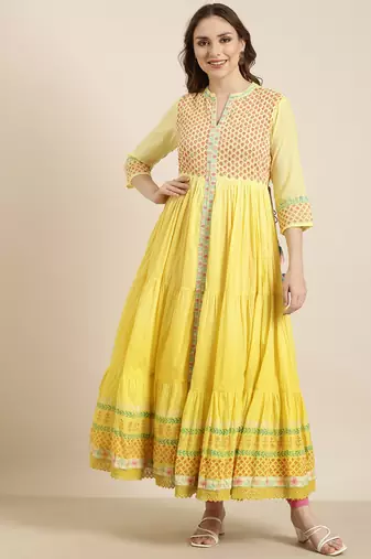 women's ankle length round neck yellow floral anarkali kurta