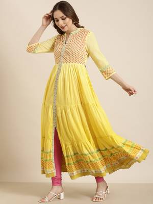 women's ankle length round neck yellow floral anarkali kurta 3