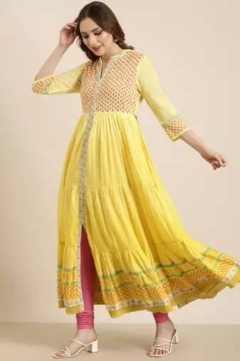 women's ankle length round neck yellow floral anarkali kurta