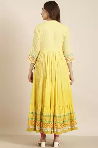 women's ankle length round neck yellow floral anarkali kurta