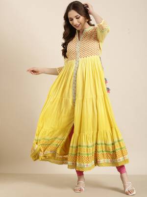 women's ankle length round neck yellow floral anarkali kurta 5