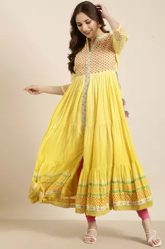 women's ankle length round neck yellow floral anarkali kurta
