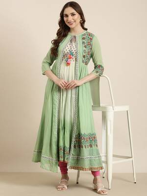 women's ankle length round neck green floral anarkali kurta 1