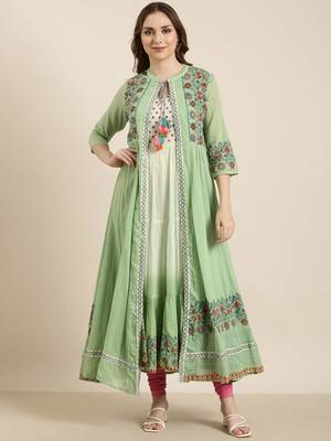 women's ankle length round neck green floral anarkali kurta 2