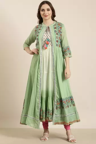 women's ankle length round neck green floral anarkali kurta