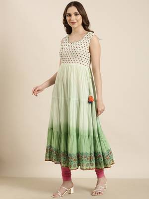 women's ankle length round neck green floral anarkali kurta 3