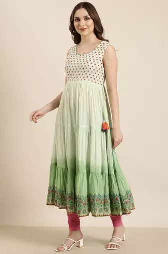 women's ankle length round neck green floral anarkali kurta