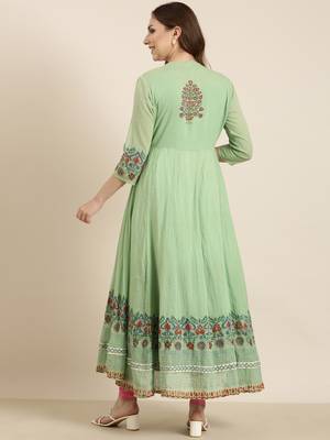 women's ankle length round neck green floral anarkali kurta 4