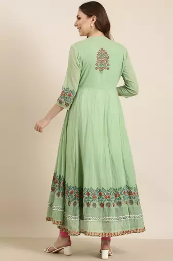 women's ankle length round neck green floral anarkali kurta