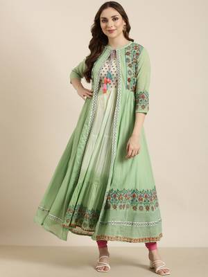 women's ankle length round neck green floral anarkali kurta 5
