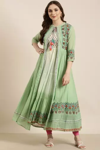 women's ankle length round neck green floral anarkali kurta