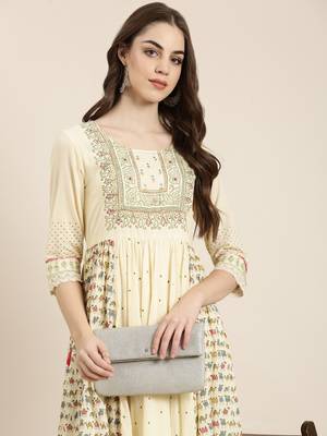 women's ankle length round neck cream animal anarkali kurta 1