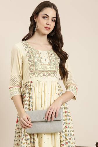 women's ankle length round neck cream animal anarkali kurta