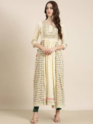 women's ankle length round neck cream animal anarkali kurta 2