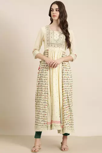 women's ankle length round neck cream animal anarkali kurta