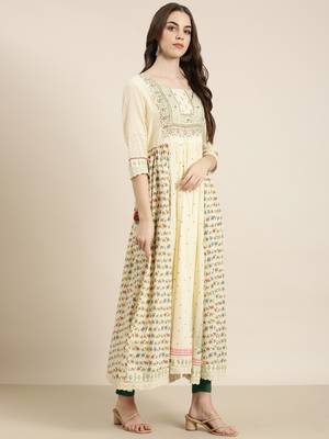 women's ankle length round neck cream animal anarkali kurta 3
