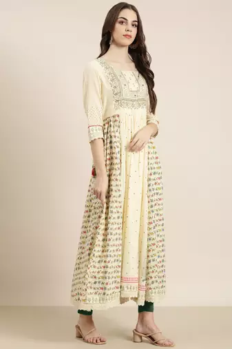 women's ankle length round neck cream animal anarkali kurta