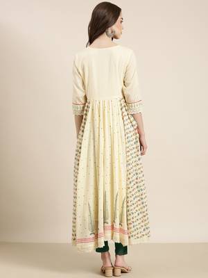 women's ankle length round neck cream animal anarkali kurta 4