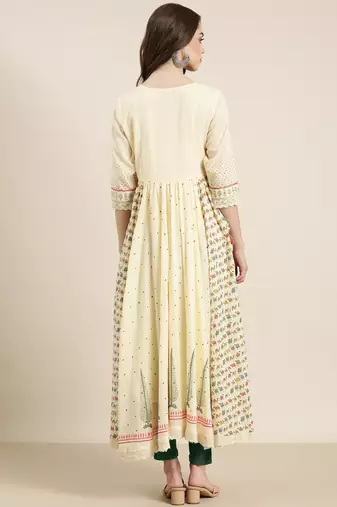 women's ankle length round neck cream animal anarkali kurta
