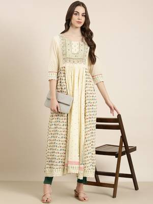 women's ankle length round neck cream animal anarkali kurta 5