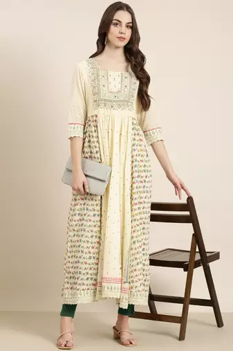 women's ankle length round neck cream animal anarkali kurta