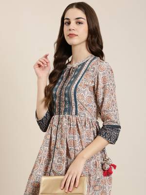 women's ankle length mandarin collar beige floral anarkali kurta 1