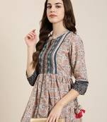 women's ankle length mandarin collar beige floral anarkali kurta