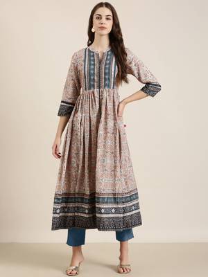 women's ankle length mandarin collar beige floral anarkali kurta 2