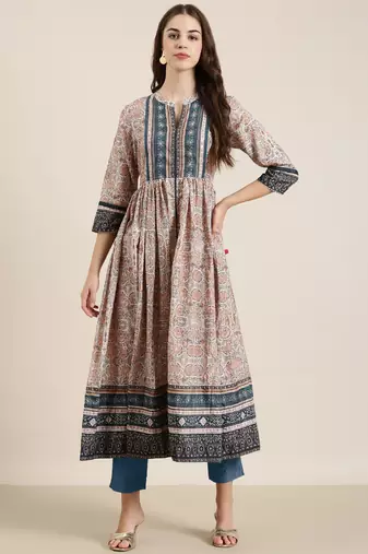 women's ankle length mandarin collar beige floral anarkali kurta