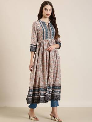 women's ankle length mandarin collar beige floral anarkali kurta 4