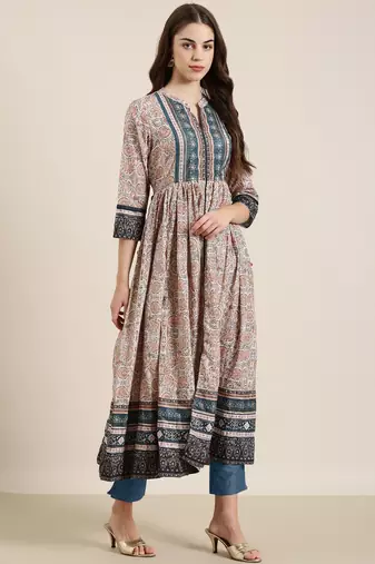 women's ankle length mandarin collar beige floral anarkali kurta
