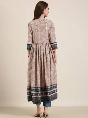 women's ankle length mandarin collar beige floral anarkali kurta 5