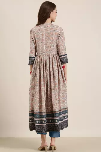 women's ankle length mandarin collar beige floral anarkali kurta
