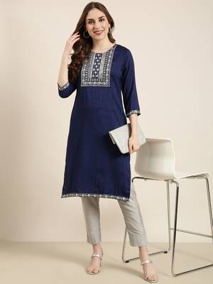 women's knee length round neck navy blue solid straight kurta 1