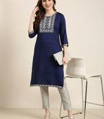 women's knee length round neck navy blue solid straight kurta