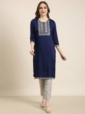 women's knee length round neck navy blue solid straight kurta 2