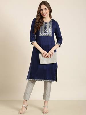 women's knee length round neck navy blue solid straight kurta 5