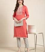 women's knee length round neck peach solid straight kurta