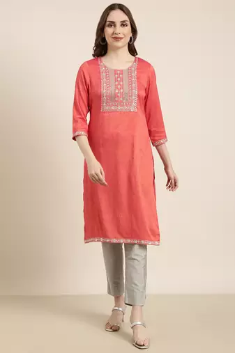 women's knee length round neck peach solid straight kurta