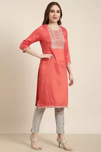 women's knee length round neck peach solid straight kurta