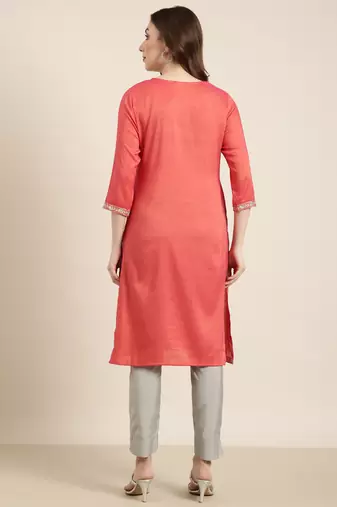 women's knee length round neck peach solid straight kurta