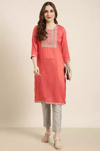 women's knee length round neck peach solid straight kurta