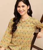 women's knee length mandarin collar yellow ethnic motifs straight kurta