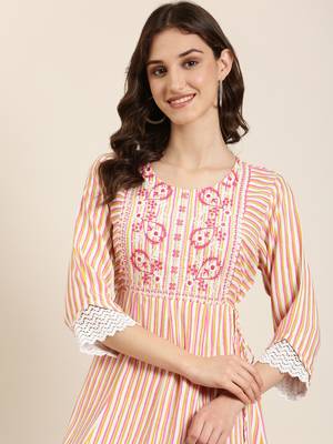 Showoff women's ankle length round neck multi striped a-line kurta 1
