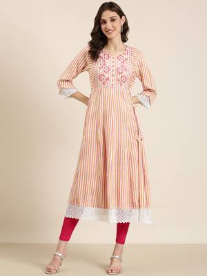 Showoff women's ankle length round neck multi striped a-line kurta 2