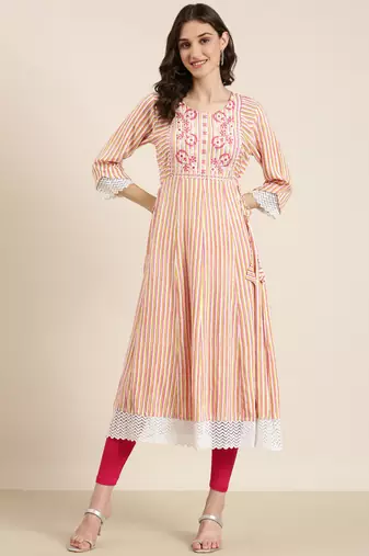Showoff women's ankle length round neck multi striped a-line kurta