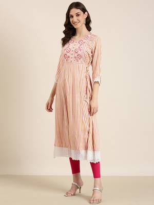 Showoff women's ankle length round neck multi striped a-line kurta 4