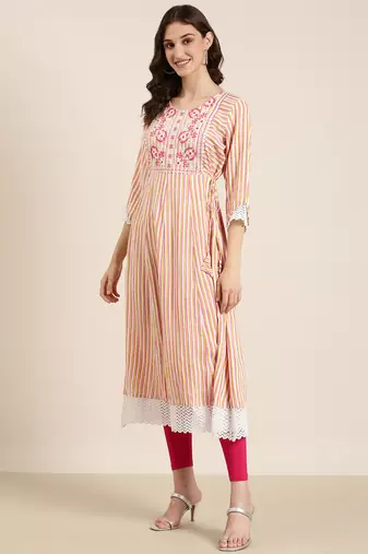 Showoff women's ankle length round neck multi striped a-line kurta