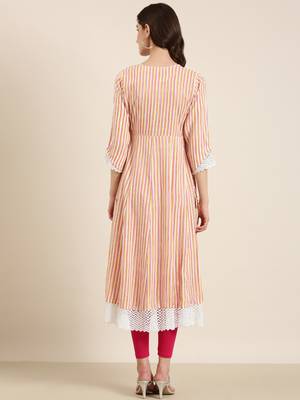 Showoff women's ankle length round neck multi striped a-line kurta 5