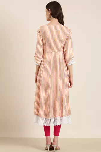Showoff women's ankle length round neck multi striped a-line kurta